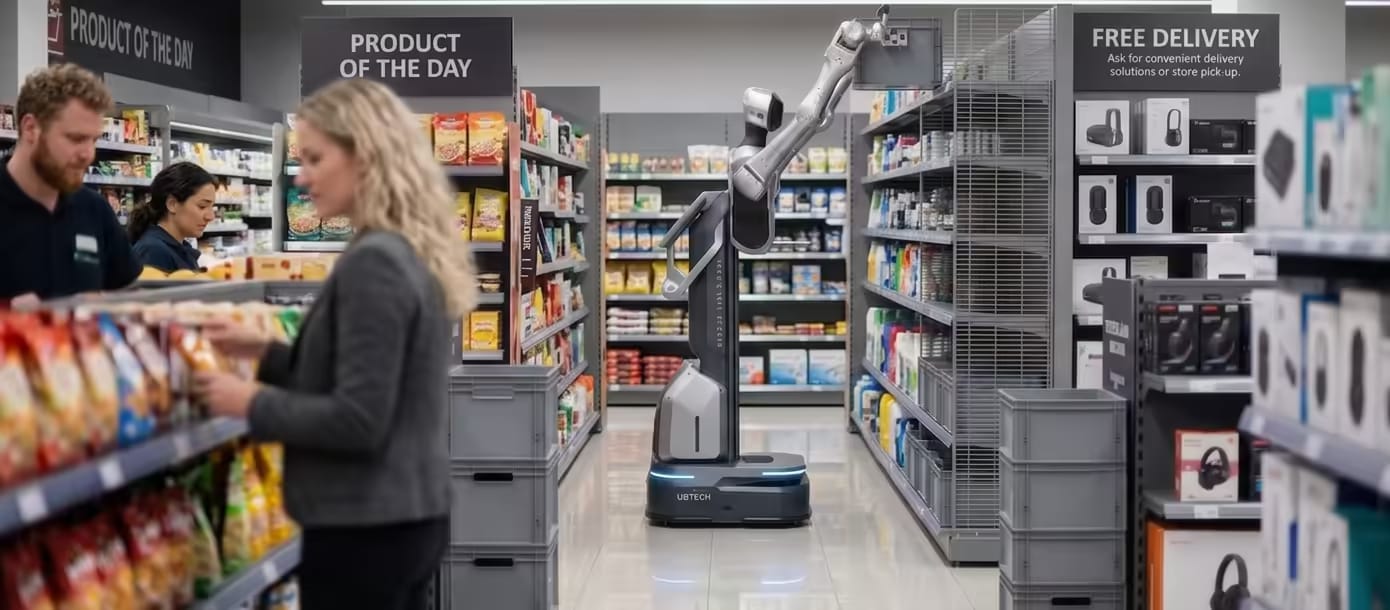 Dvoročni robot na premični podlagi seže na zgornjo polico v trgovini, v ospredju kupca izbirata izdelke
