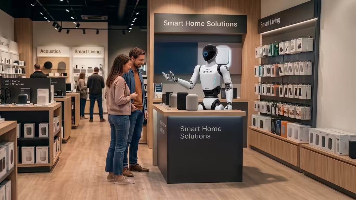 Humanoidni robot za pultom pametnega doma svetuje paru v trgovini z elektroniko