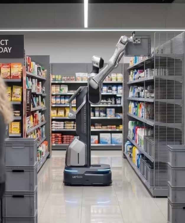 Dvoročni robot na premični podlagi seže na polico v trgovini.