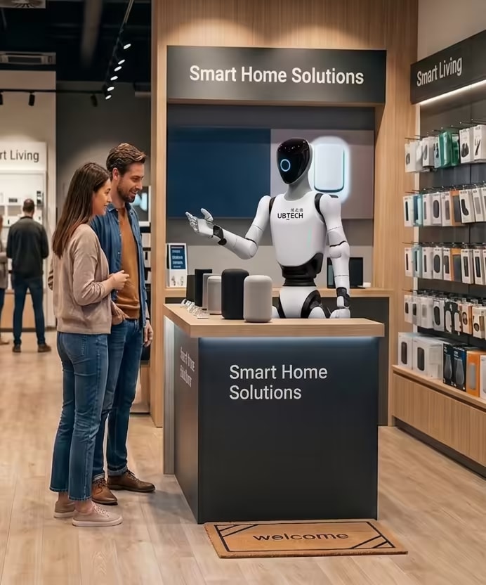 Humanoidni robot za pultom pametnega doma svetuje paru v trgovini z elektroniko