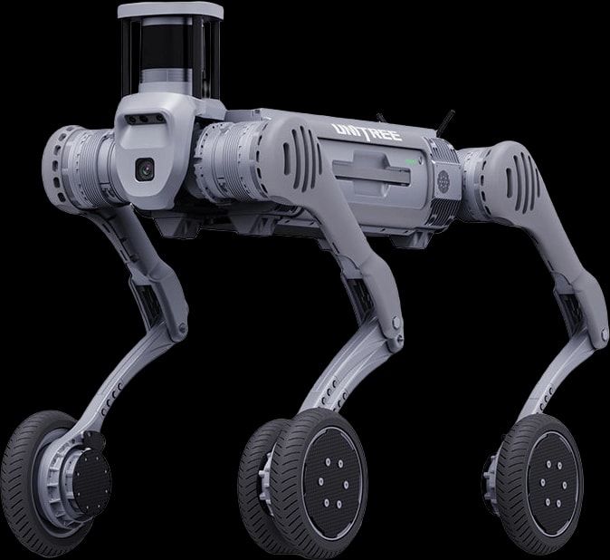 Štirinožni robot Unitree B2-W s kolesi namesto stopal, pogled s strani