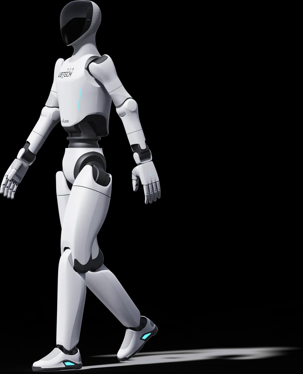 Humanoidni robot Walker C1 med korakom, uradni render proizvajalca brez ozadja