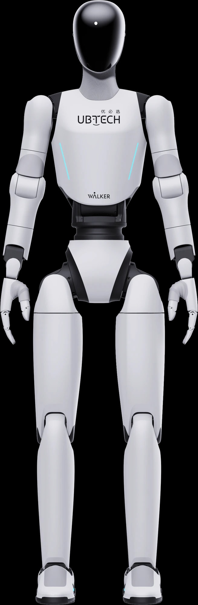 Humanoidni robot Walker C1 v baletnem skoku z iztegnjenima nogama, uradni render proizvajalca, brez ozadja
