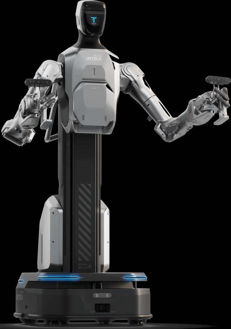 Robot Cruzr Y1 z obema rokama razprtima, uradni render proizvajalca, brez ozadja