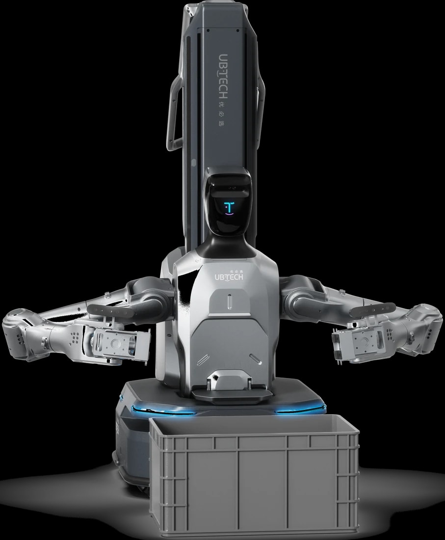 Robot Cruzr Y1 nad zabojem, obe roki s prijemaloma iztegnjeni, uradni render proizvajalca, brez ozadja