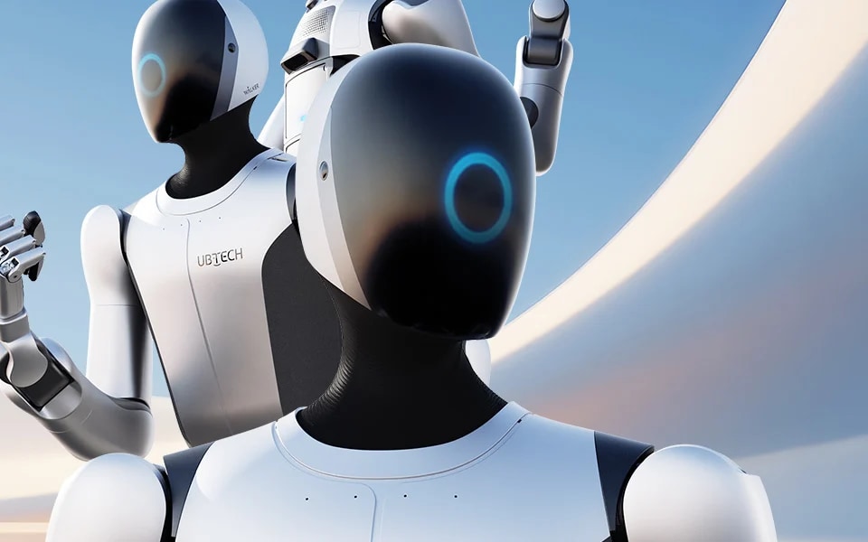 Glava robota Walker S2 z modrim svetlobnim obročem od blizu.