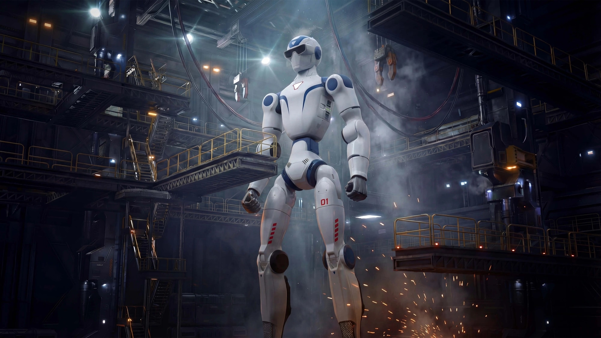 Robot R1 stoji v industrijskem prostoru, v ozadju letijo iskre
