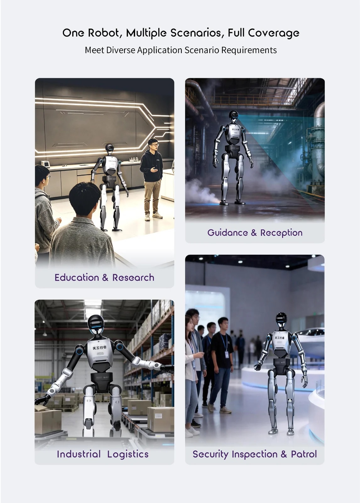 Proizvajalčeva plošča s štirimi področji uporabe robota Walker Tienkung DEX, oznake na sliki so proizvajalčeve, v angleščini
