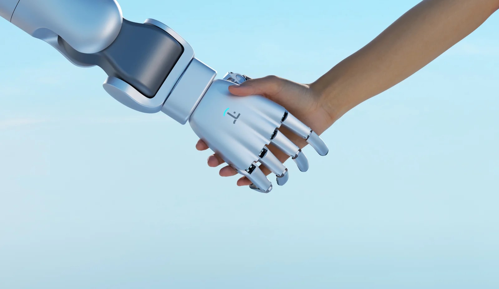 Robotska in človeška roka v rokovanju, uradni render proizvajalca brez besedila